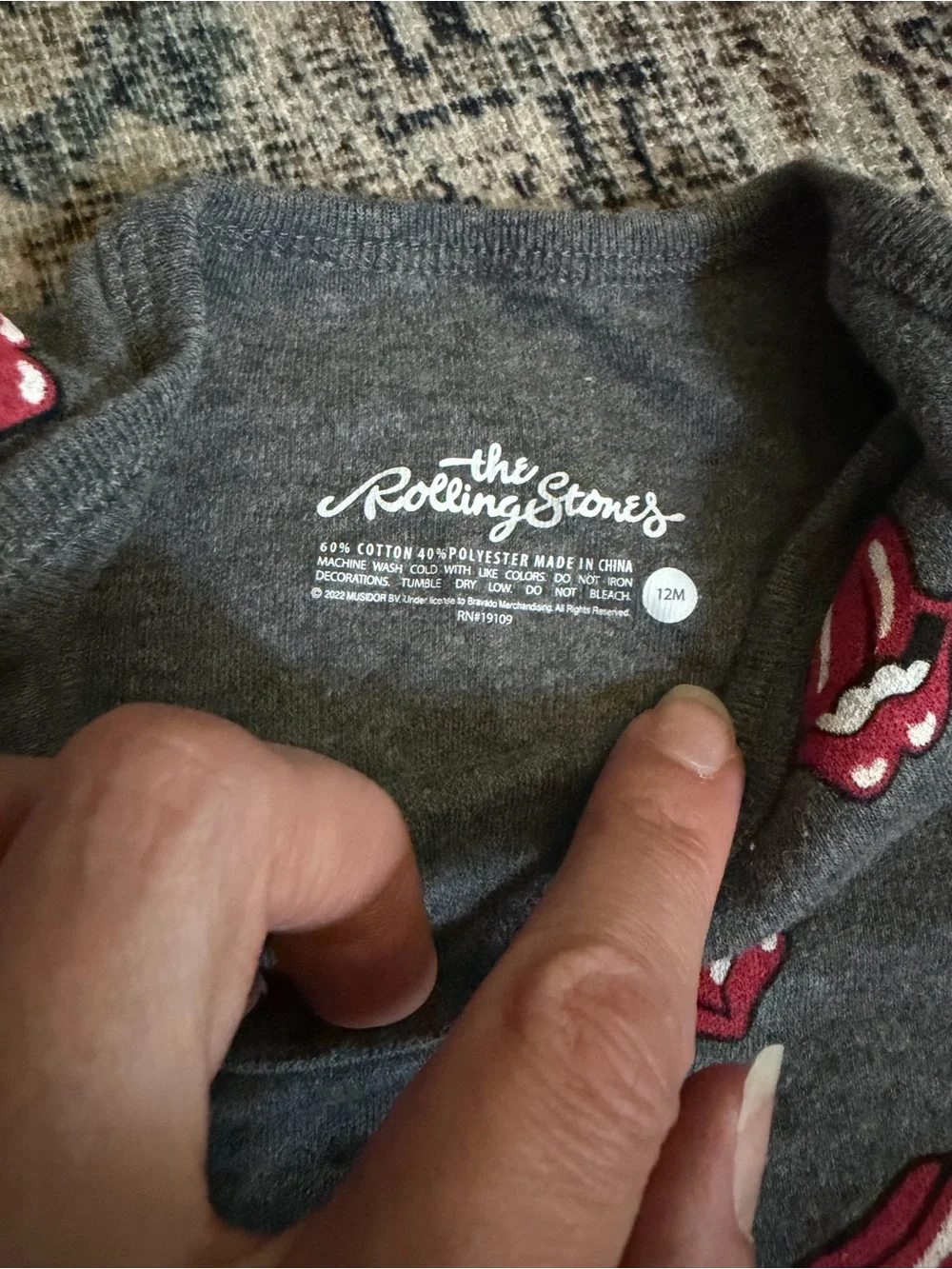 The Rolling Stones Gray Baby Bodysuit with Red Tongue Pattern